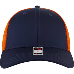 A navy and orange low-profile trucker cap with a six-panel design and a logo on the front.