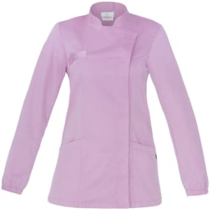A light pink Amanda Tunic with a collar and long sleeves, featuring two front pockets and a logo.