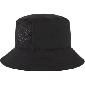 A black bucket hat featuring perforated sides and a wide brim, designed for comfort and ventilation.