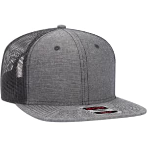 A grey trucker cap featuring a solid front panel and mesh back, with a branded logo on the front.