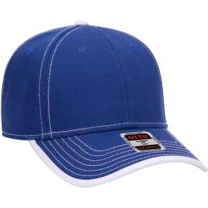 A blue 6 panel baseball cap with white stitching and a curved brim, featuring a logo on the front.