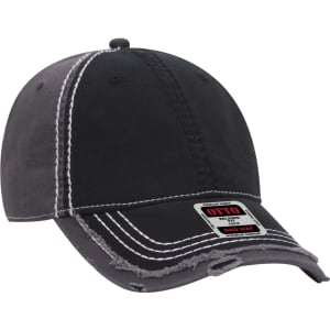 A black 6-panel dad hat with contrasting stitching and a distressed brim. Features a logo on the front.