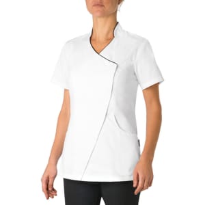 A white tunic with short sleeves and a crossover front design, featuring side pockets and a logo.