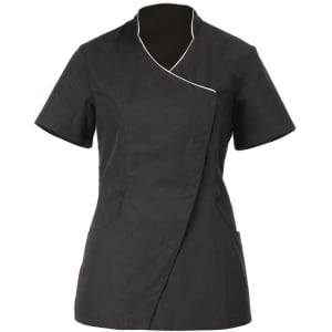 A black Sion Tunic with a wrap design, short sleeves, and a contrasting white trim. Features a pocket.