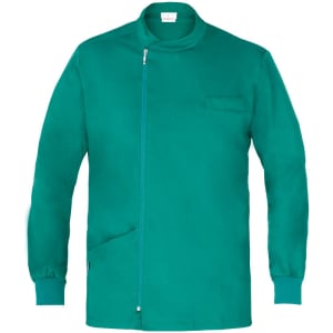 A green tunic with a zip front, high collar, and a chest pocket. The fabric appears smooth and lightweight.
