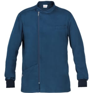 A navy blue tunic with a stand collar, front zip, and a chest pocket. It has a logo tag on the side.