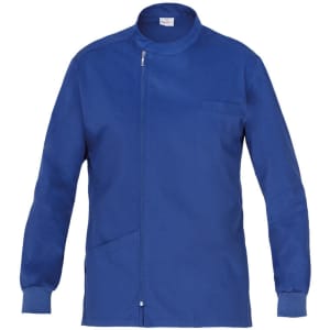 A blue tunic featuring a zip closure, collar, and side pocket. It has a branded label on the inside.