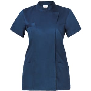 A navy blue tunic featuring a mandarin collar, short sleeves, and two front pockets; includes a logo.