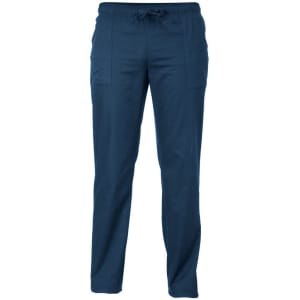 Navy blue pants with a drawstring waistband and two front pockets. The product features a logo.