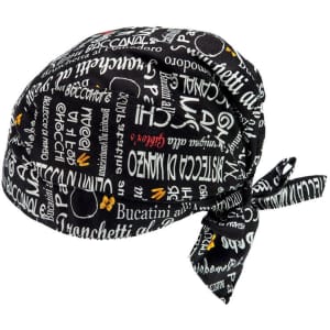 A black bandana with various white and yellow text designs and a tied bow at the back.