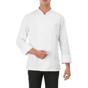 A white chef jacket with a mandarin collar and long sleeves, featuring a single front pocket.