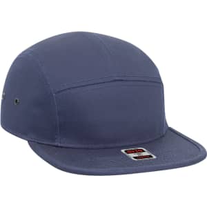 A navy 5 Panel Camper Hat featuring a structured design and a logo on the front.