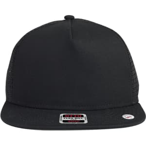 A 5 panel mid profile trucker cap in black with a mesh back and a branded label on the front.