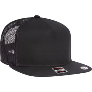 A black Otto Snap 5 Panel Trucker Cap featuring a solid front and mesh back, with a branded label attached.