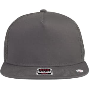 A grey 5 panel mid profile trucker cap featuring a flat brim and a mesh back, with a logo on the front.