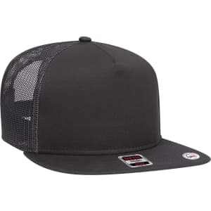 A black trucker cap featuring a mesh back and a flat brim, with a small logo on the front.