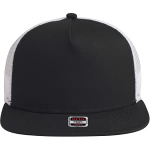 A black and white 5 panel mid-profile trucker cap with a flat brim and a logo on the front.