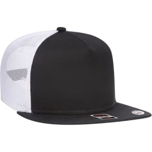 A black and white Otto Snap 5 Panel Trucker Cap with a flat brim and mesh back, featuring a logo.