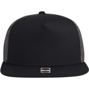 A black 5 panel mid-profile trucker cap with a mesh back and a small logo on the front.