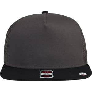 A grey and black 5 Panel Mid Profile Trucker Cap featuring a logo on the front and a classic snapback design.