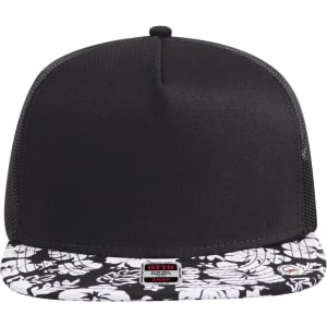 A black trucker cap with a floral patterned brim and mesh panels at the back, featuring a logo.