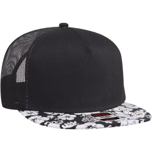 A black 5 panel mid profile trucker cap with a floral patterned brim and a mesh back.
