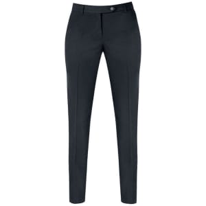 Tailored dark grey trousers with a slim fit and a button closure. The design features front pleats and a branding logo.