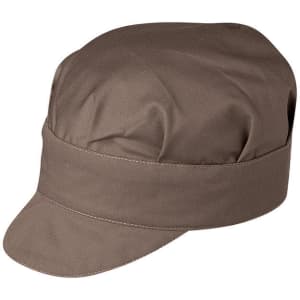 A brown Tommy Hat with a structured peak and a wide band around the crown, featuring a logo.