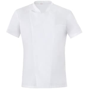 A short-sleeved white chef jacket with a pocket and a stand collar, featuring a logo on the front.