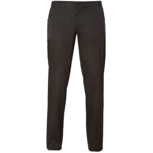 Black pants with a relaxed fit and multiple pockets, featuring an elastic waistband and drawstring.