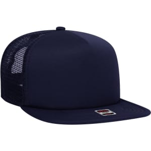 A navy blue trucker cap featuring a flat brim and a mesh back, with a logo on the front panel.