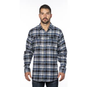 A button-up short sleeve flannel shirt in blue and grey plaid, featuring two chest pockets and a logo.