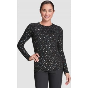 A long-sleeve black tee featuring a colourful star pattern, with a fitted style and a round neckline.
