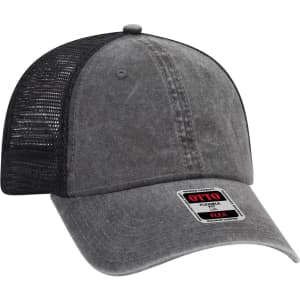 A grey Otto Flex 6 Panel Trucker Hat with a black mesh back and an adjustable fit. It features a logo on the front.