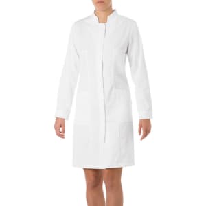 A white lab coat with long sleeves, featuring a simple collar and front fastening, on a model.