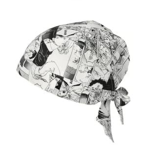 A bandana featuring a black and white comic print, tied at the back. It has a lightweight, fabric design.