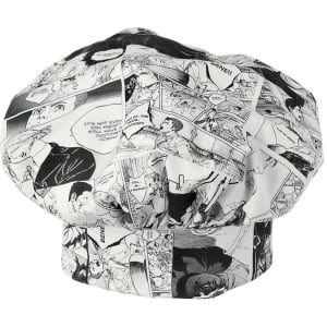 A chef hat featuring a black and white comic strip design with various illustrated panels.