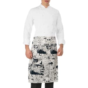 A white apron featuring a black and white comic strip design, worn by a model. The apron has a logo on it.