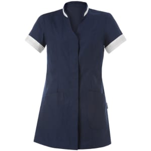 Aurelia Tunic in navy blue with white cuffs, featuring short sleeves and two front pockets. It has a logo present.