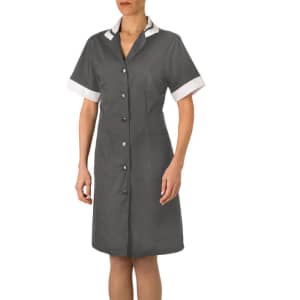 A grey dress with short sleeves and a white collar, featuring buttons down the front.