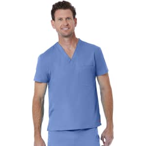 A unisex v-neck top in light blue, featuring a chest pocket and short sleeves, with a logo on the side.