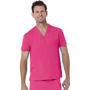 A unisex V-neck top in vibrant pink, featuring short sleeves and a front pocket. The top has a logo on it.