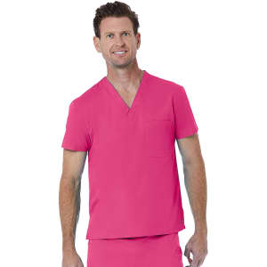 A unisex v-neck top in bright pink, featuring short sleeves and a pocket on the left side. It has a logo.