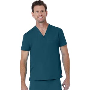 A unisex v-neck top in a deep teal colour, featuring short sleeves and a pocket. It has a branding logo.