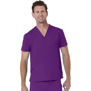 A unisex V-neck top in purple, featuring short sleeves and a front pocket. It has a logo on the side.