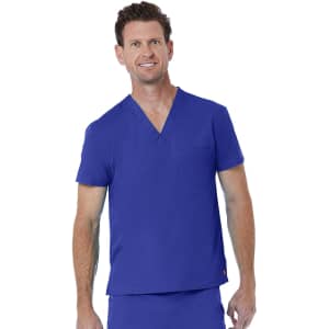 A unisex v-neck top in a vibrant royal blue colour, featuring a chest pocket and a logo.