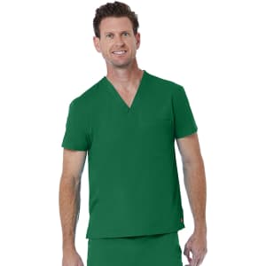 A unisex green V-neck top featuring short sleeves and a single chest pocket, modelled by a man.