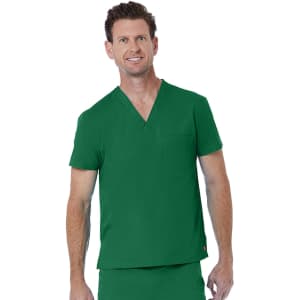 A green unisex V-neck top featuring short sleeves and a chest pocket, modelled by a man.