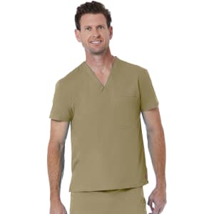 A unisex V-neck top in olive green, featuring short sleeves and a chest pocket, with a branding logo.