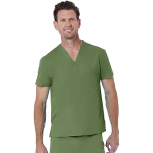 A unisex V-neck top in olive green featuring a front pocket and a logo on the side.